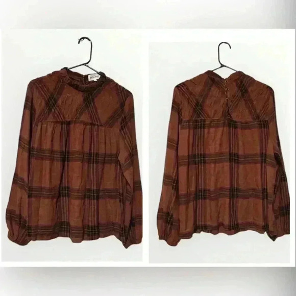 Revolve Bella Dahl cotton blend plaid mock neck top - Picture 2 of 13